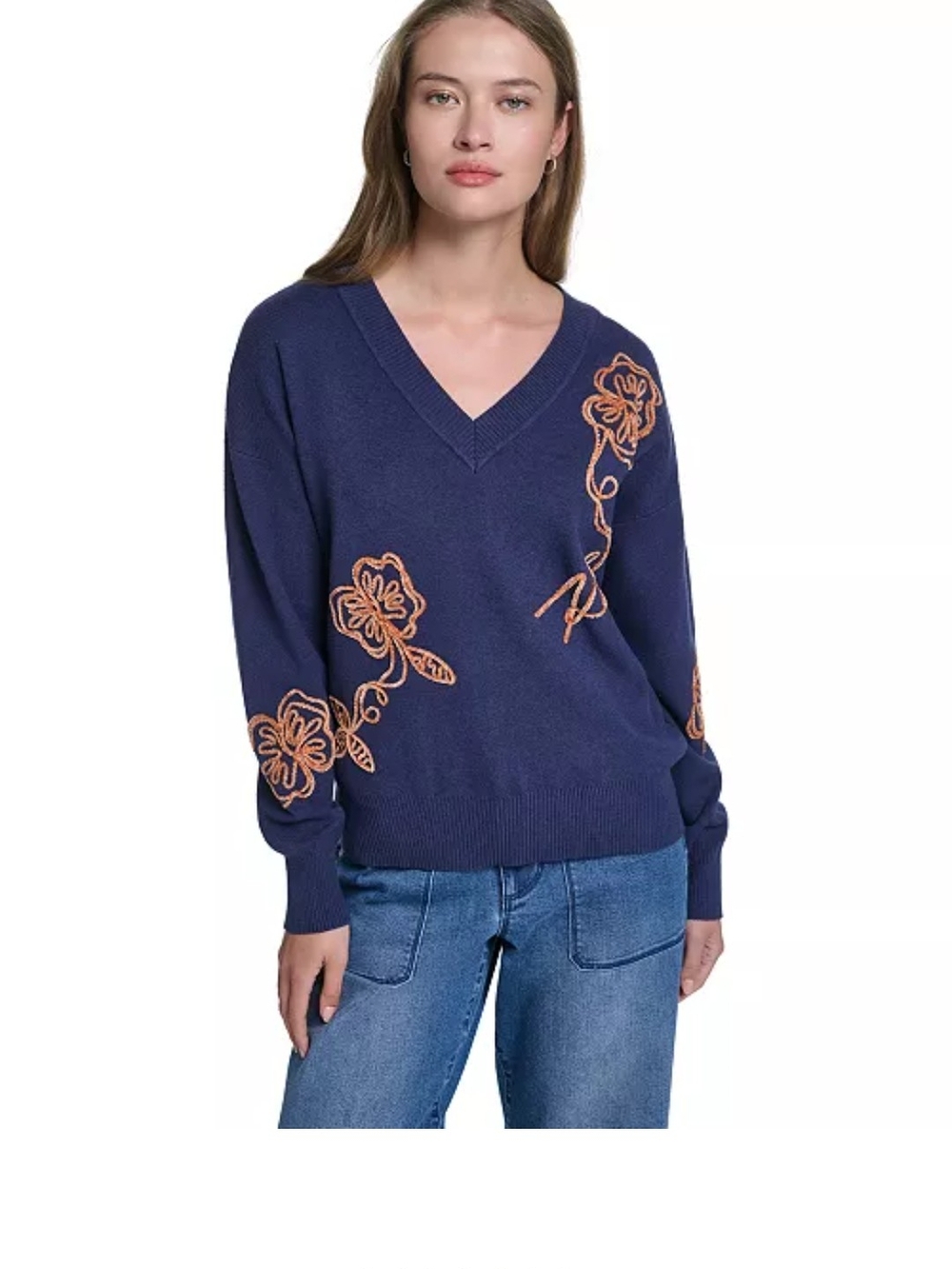 Karl Lagerfeld Navy V-Neck Sweater with Peach Floral Embroidery